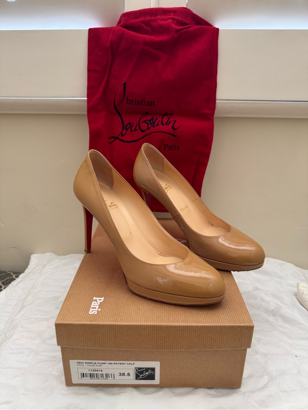 Christian Louboutin Tan Patent Leather Platform Pumps with Red Sole